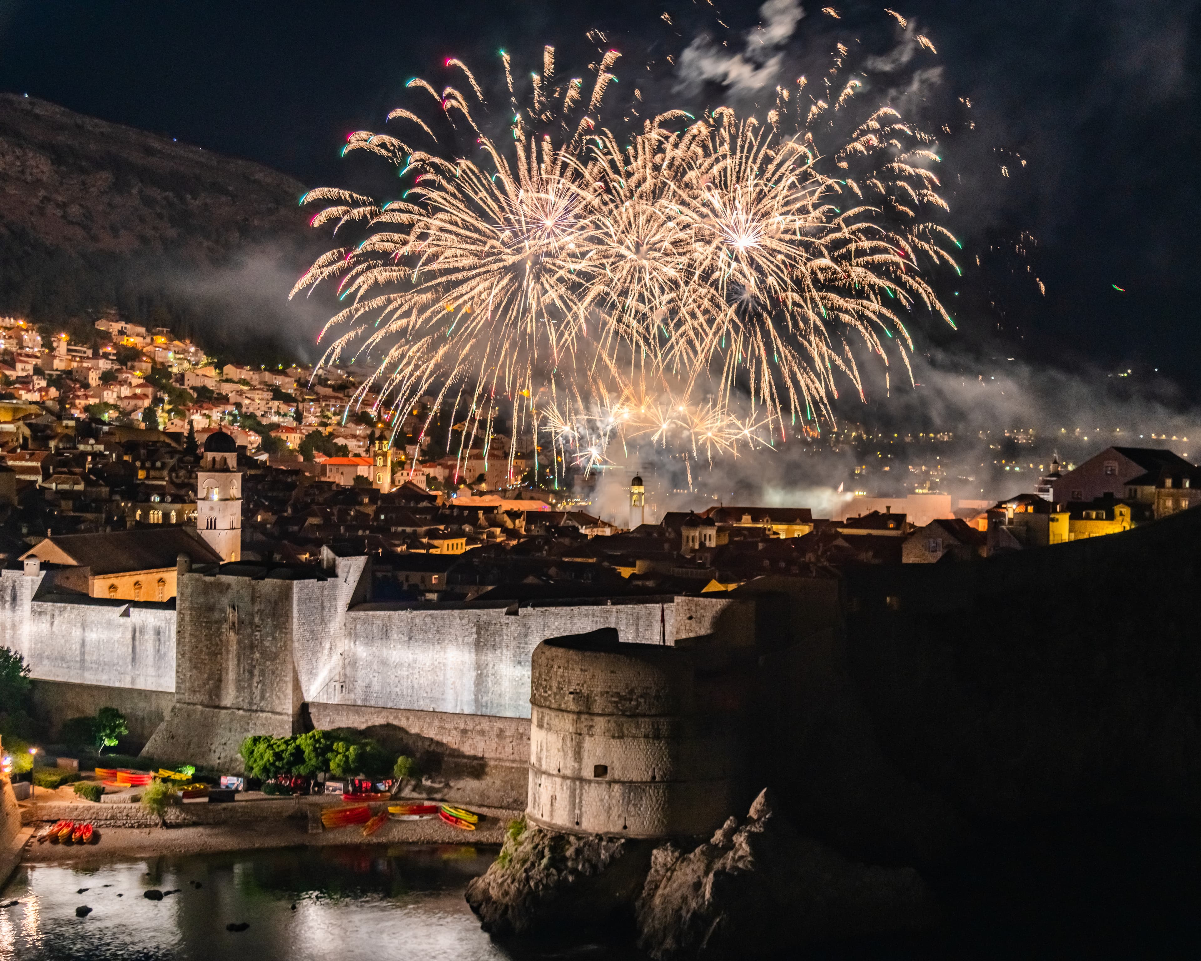 Fireworks Over Dubrovnik Old City Walls at Night