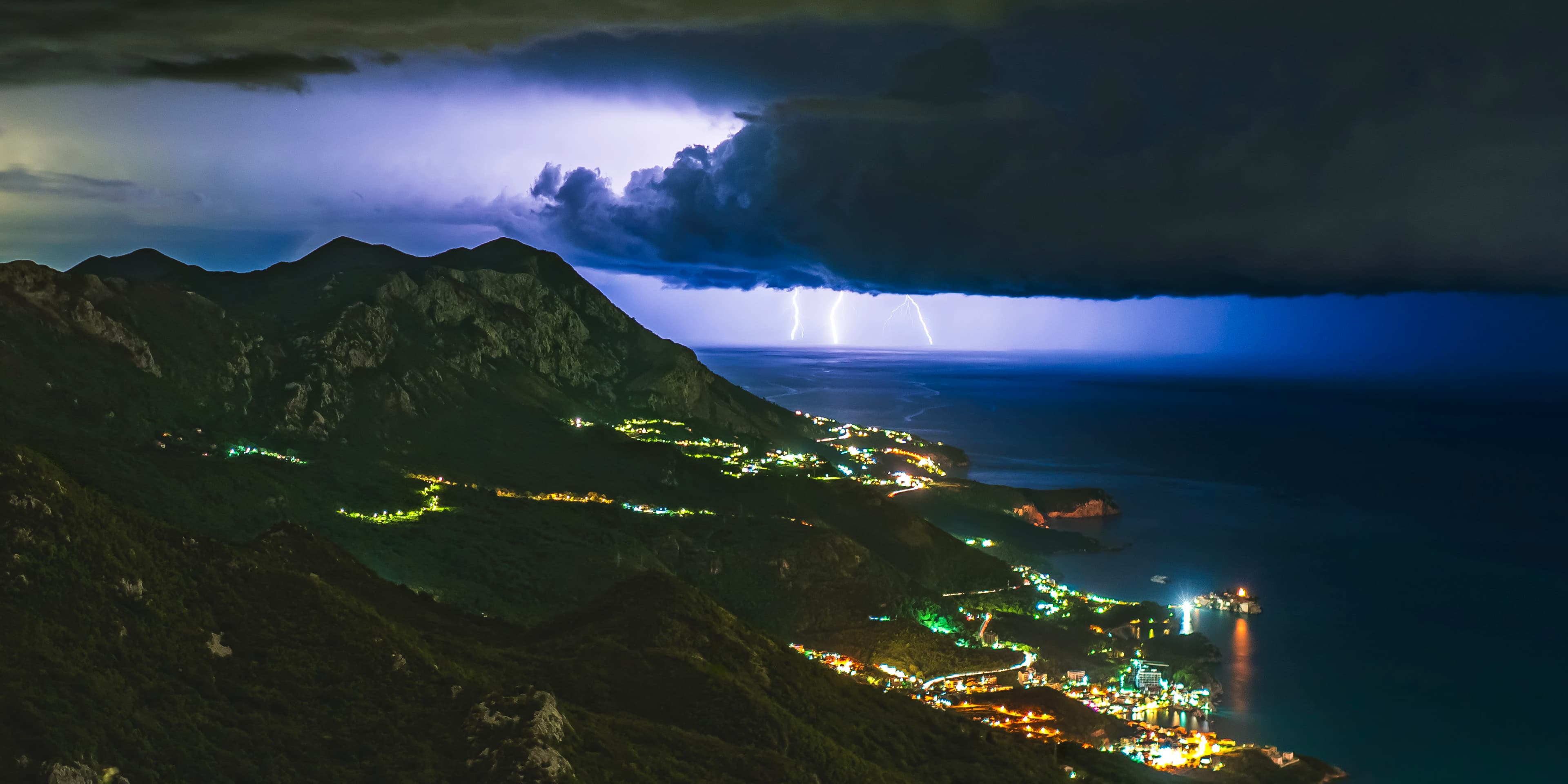 Lightning Storm Adriatic Coastline Night View Budva