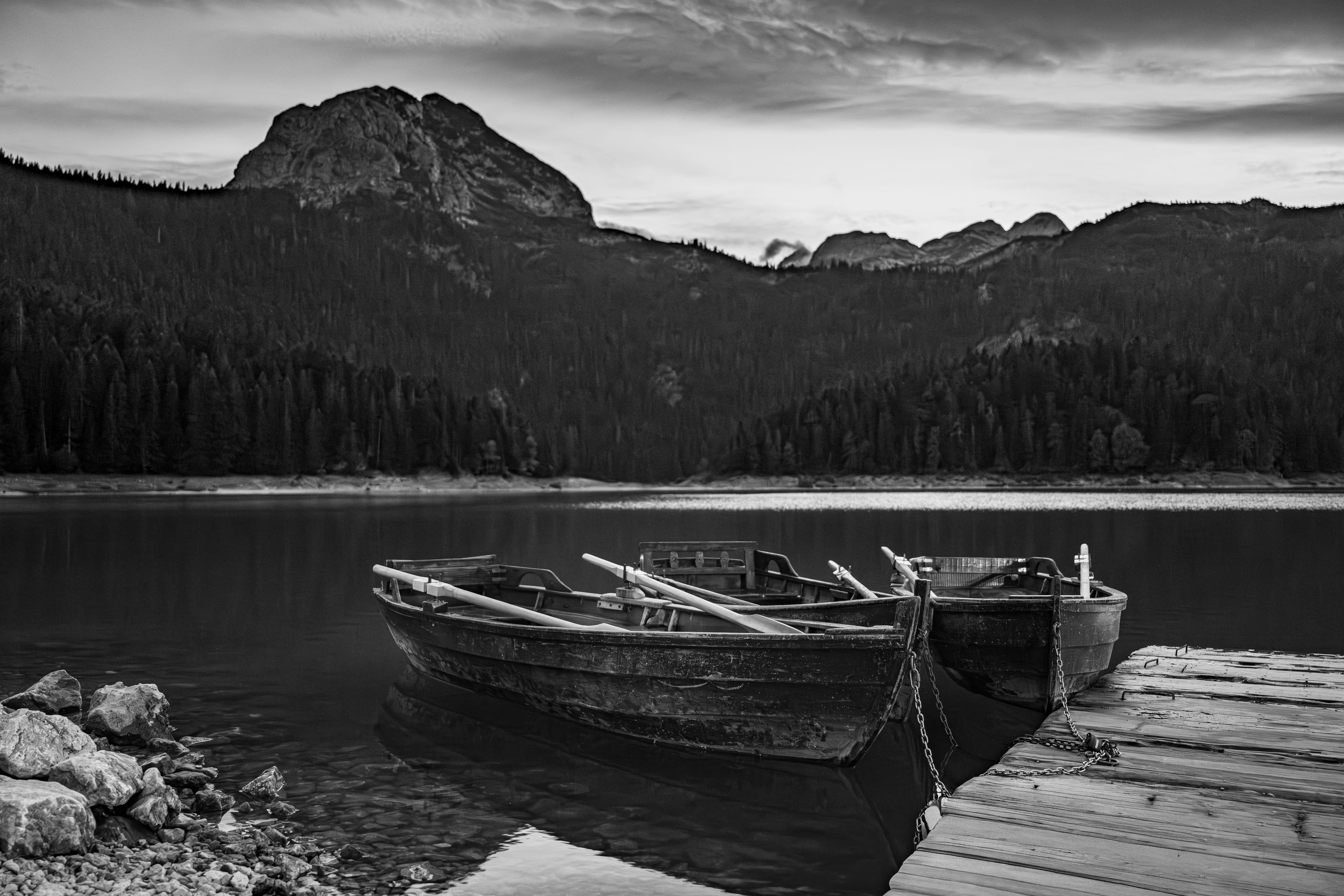 Wooden Rowboats Moored Black Lake Durmitor Montenegro