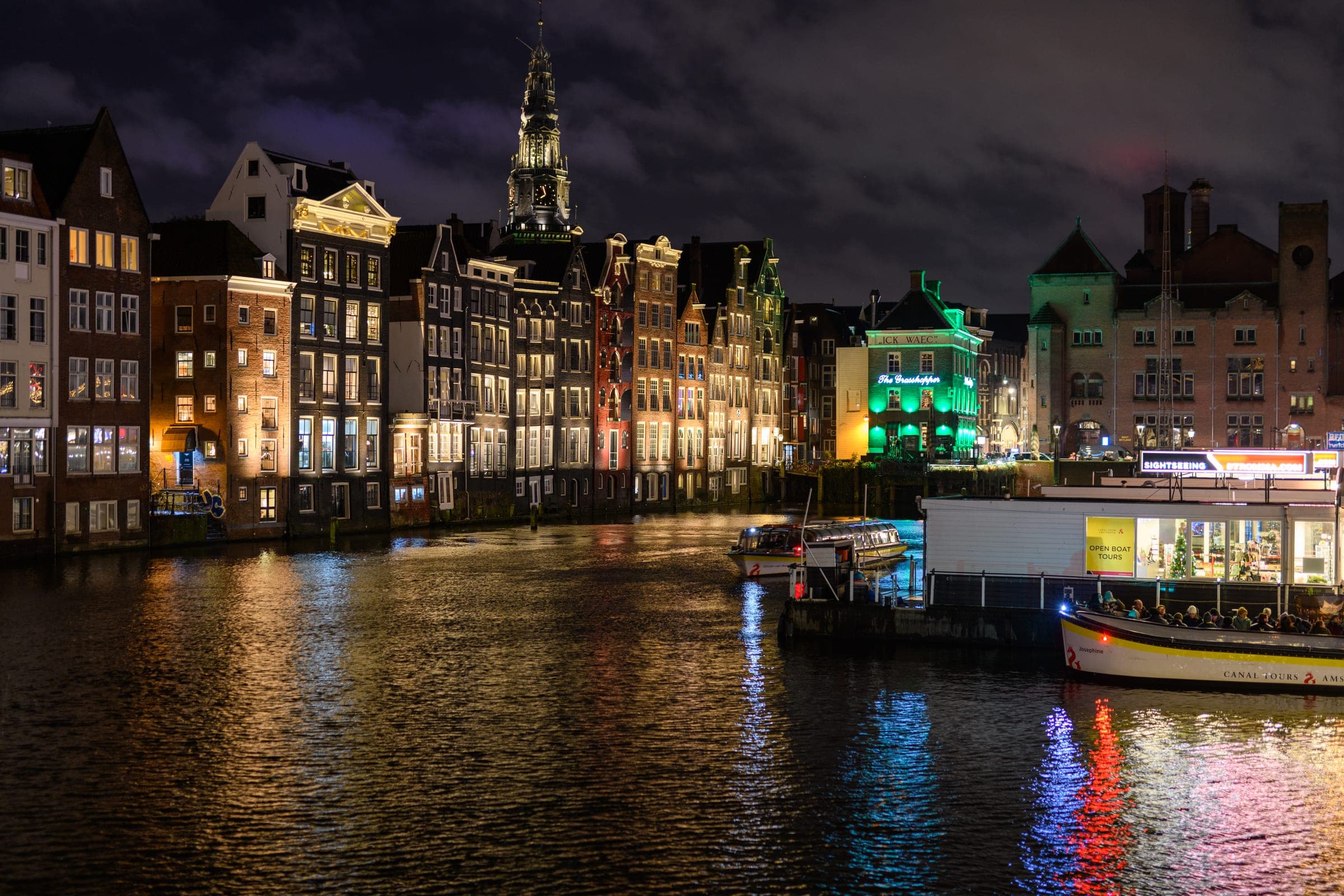 Amsterdam canal houses at night
