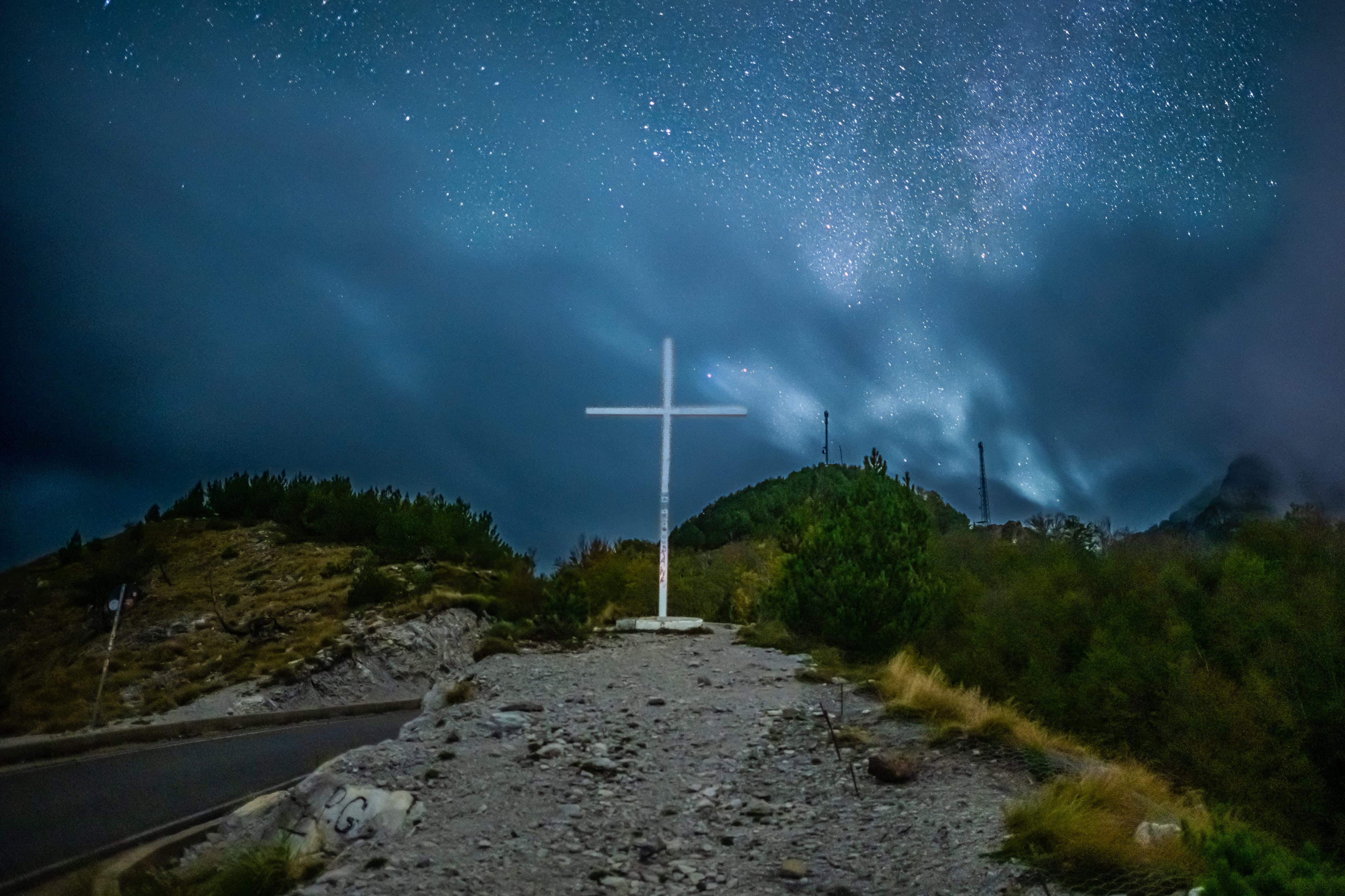 White Mountain Cross Starry Night Albanian Alps Theth