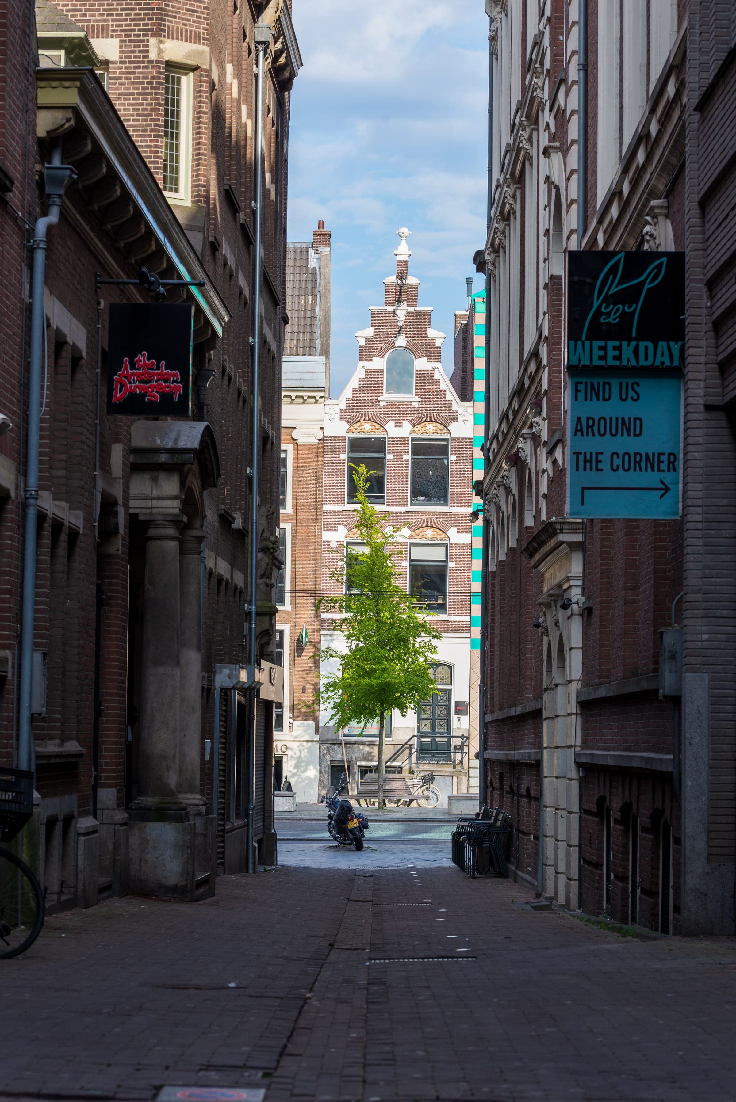 Quiet alley view of a Dutch gable